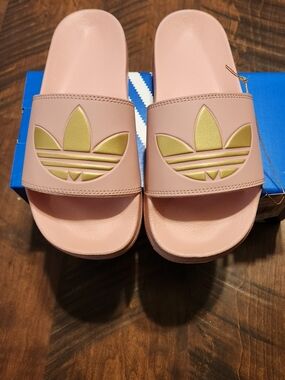 adidas Women’s Blush Pink Slide Sandals with Gold Trefoil